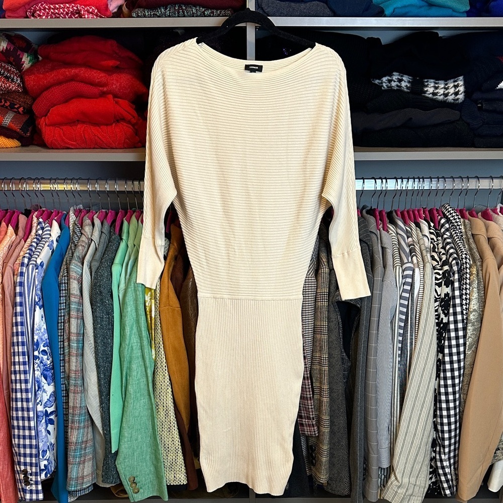 Express cream long dolman sleeve boat neck ribbed sweater dress size XS